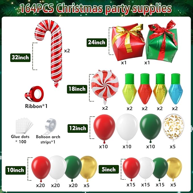 164Pcs Christmas Balloon Arch Garland Kit Xmas Red White Green Gold