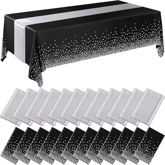 Breling 24 Packs Black and Silver Disposable Plastic Tablecloths and