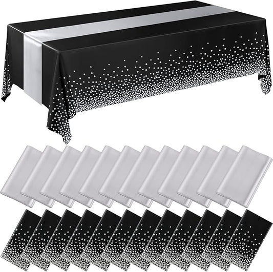 Breling 24 Packs Black and Silver Disposable Plastic Tablecloths and
