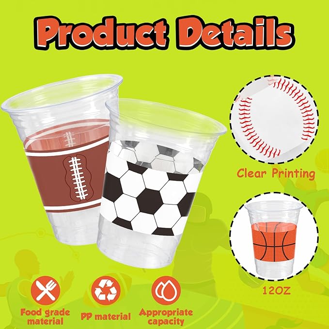 50Pcs Sports Party Decoration Cups 12Oz Sports Plastic Disposable