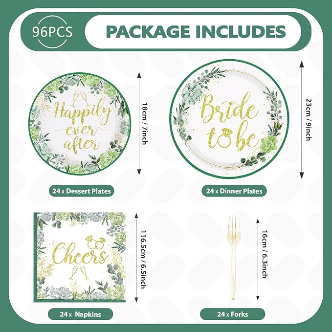96Pcs Bridal Shower Party Supplies Sage Green Bride to Be Plates and