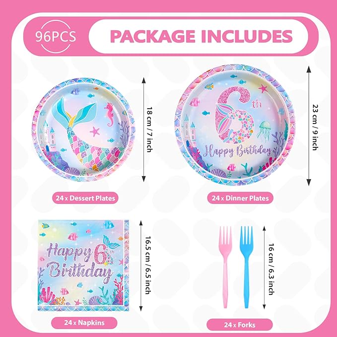 96Pcs Mermaid 6th Birthday Party Decorations for Girls Little