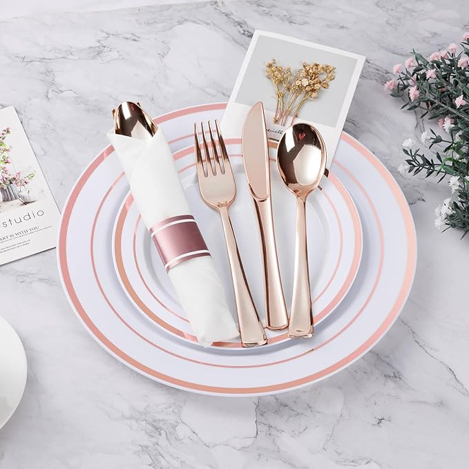 BESTVIP 350PCS Rose Gold Plastic Dinnerware Set, Disposable Party