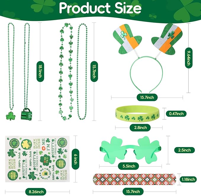 62pcs St Patricks Day Accessories Headbands Necklace Shamrock Beads