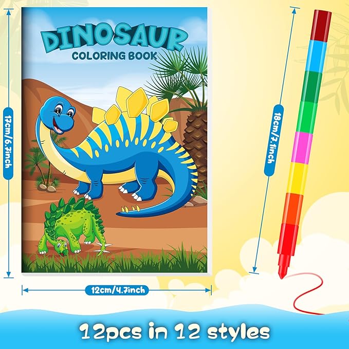 12 Dinosaur Mini Coloring Books Kids with 12 Stacking Crayons Dino