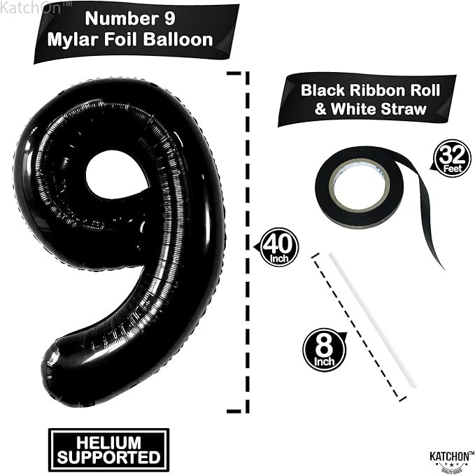 KatchOn, Giant Black Number 9 Balloon - 40 Inch | Foil 9 Birthday