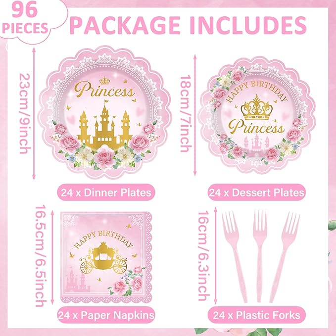 96pcs Princess Birthday Party Decorations Pink Princess Scalloped