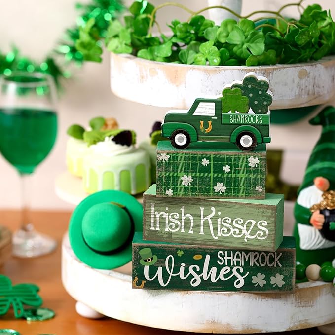 4 Pcs St Patrick's Day Table Decoration Wooden Shamrocks Truck St