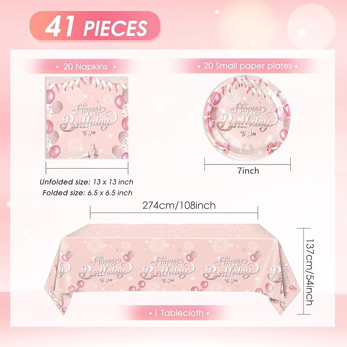 41Pcs Rose Gold Birthday Party Decorations Happy Birthday Plates and