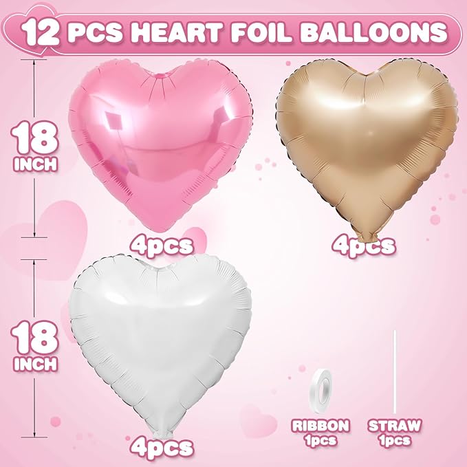 Pink White Heart Balloons,12Pcs Rose Gold Heart Shaped Foil