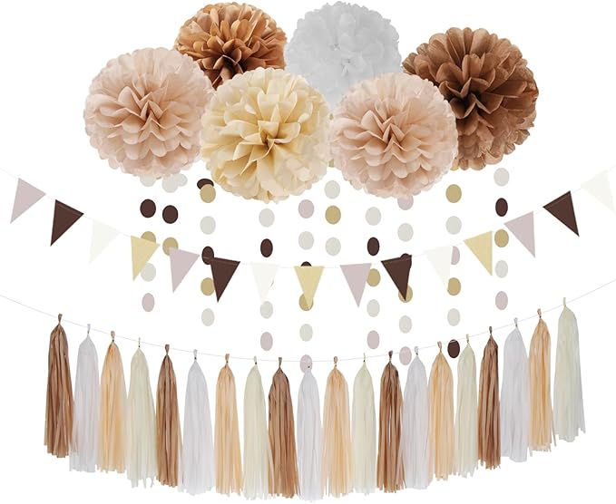 Boho Baby Shower White Brown Champagne Party Decorations 28pcs
