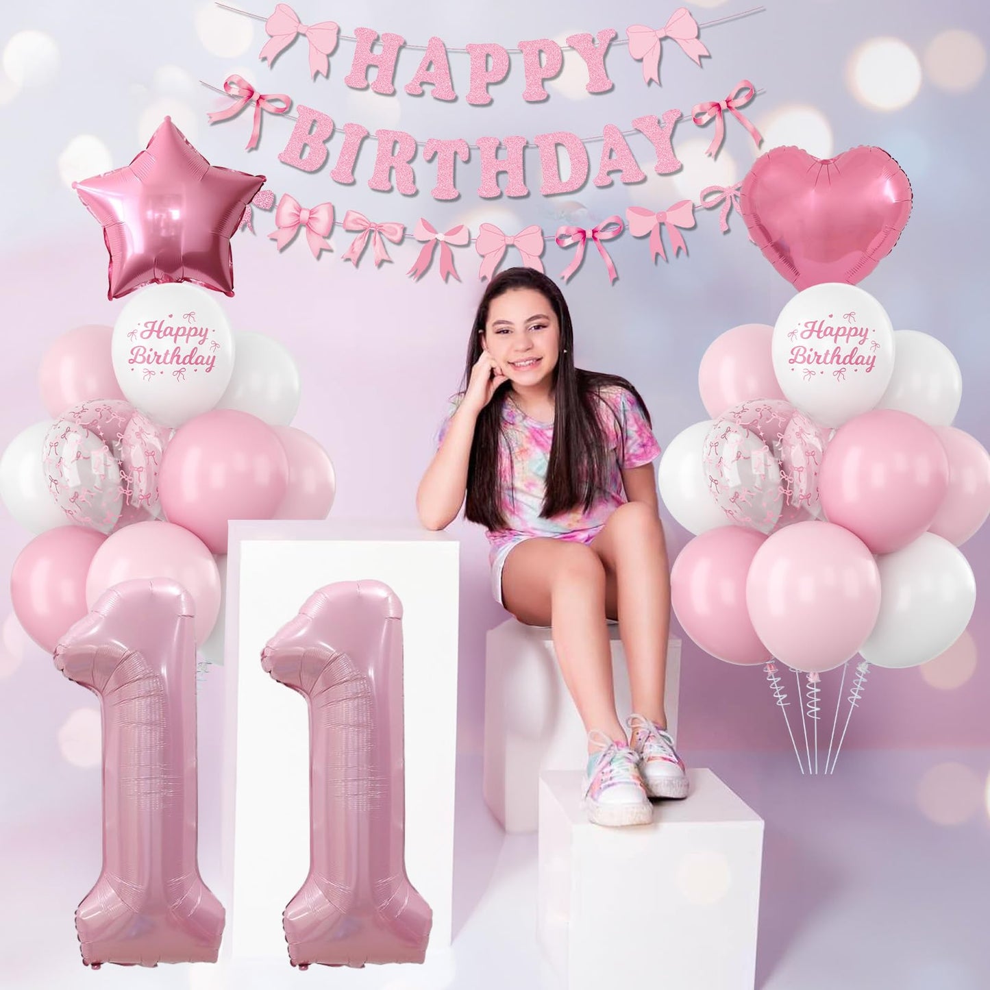 11th Birthday Decorations for Girls Pink Number 11 Balloon Bow