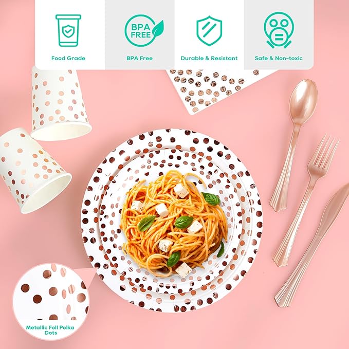 White and Rose Gold Party Supplies - 350 PCS Disposable Dinnerware