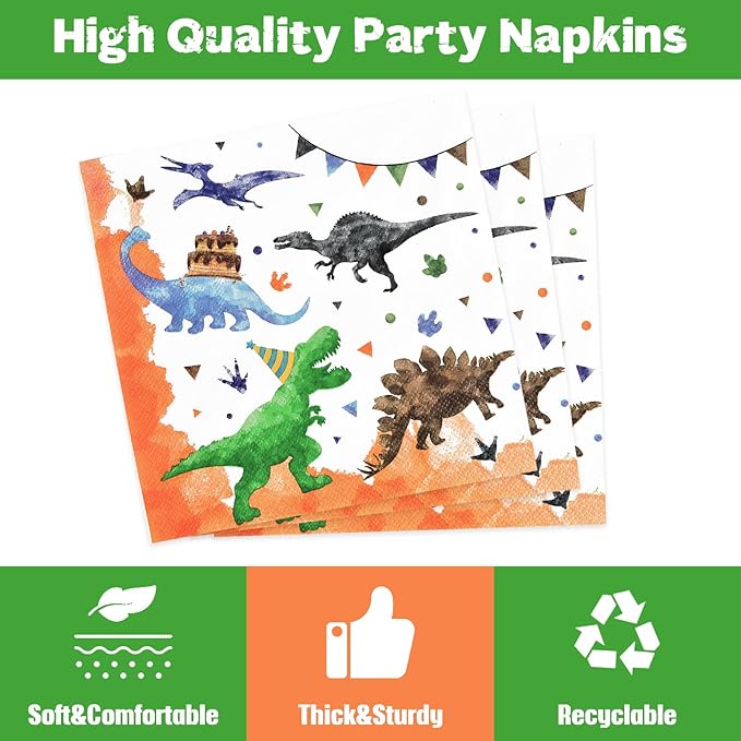 Three Rex Birthday Decorations 64PCS Dinosaur Plates Napkins and