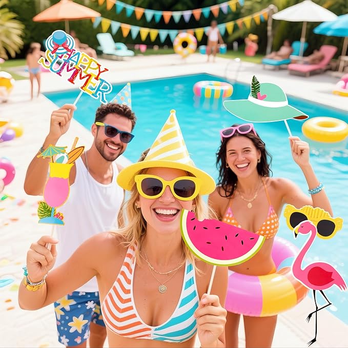 12 Pcs Summer Photo Booth Props Beach Summer Pool Party Decorations