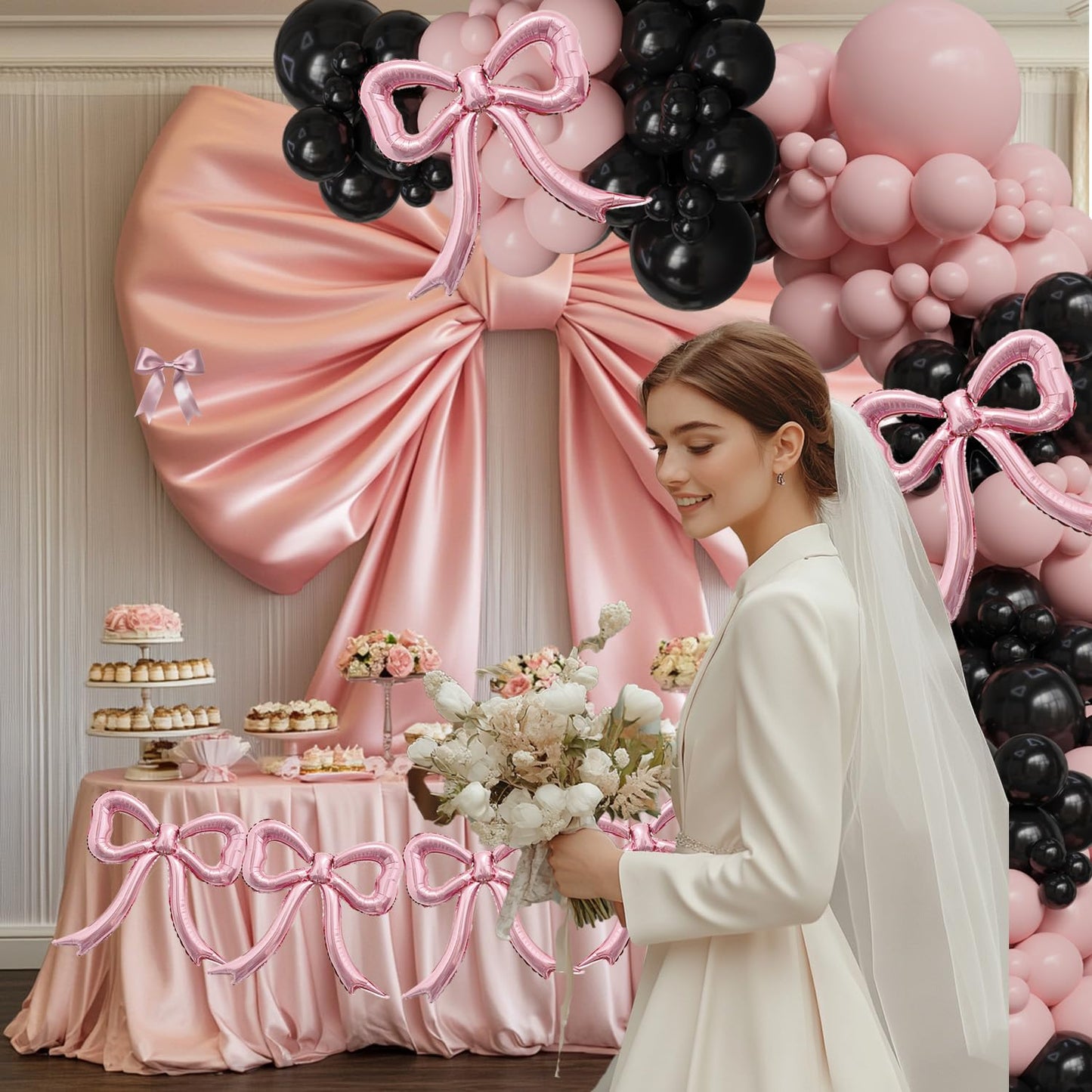 6pcs Pink Bow Foil Balloons Set Bow Mylar Balloons for Coquette