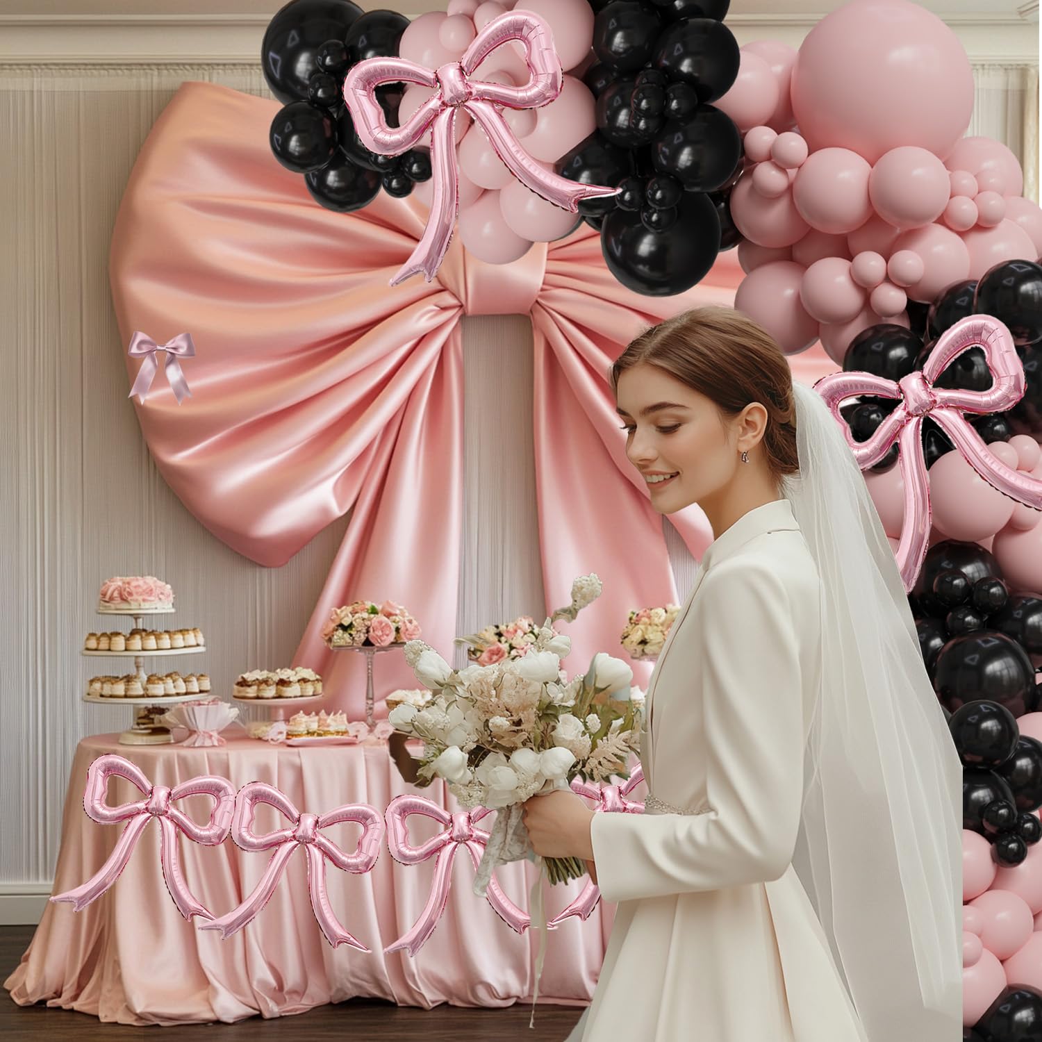 6pcs Pink Bow Foil Balloons Set Bow Mylar Balloons for Coquette
