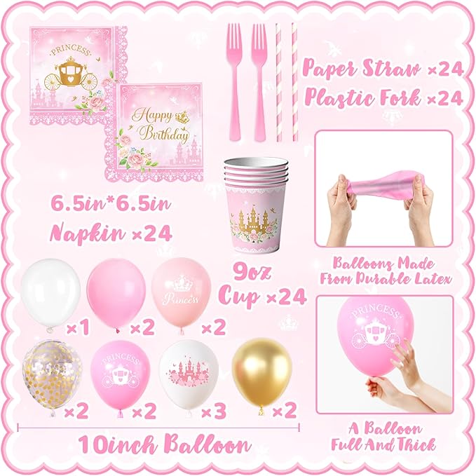 196Pcs Princess Birthday Party Decorations Serves 24 Pink Princess
