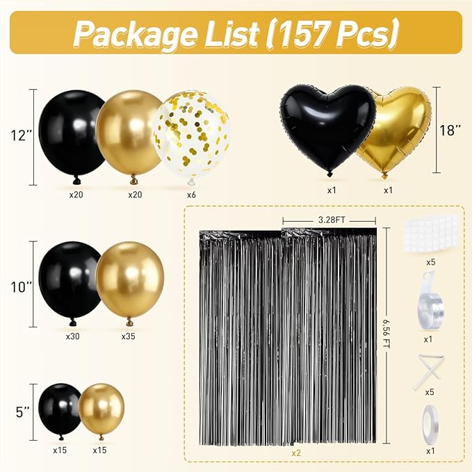 157Pcs Black and Gold Balloons Garland Arch Kit with Fringe Curtain