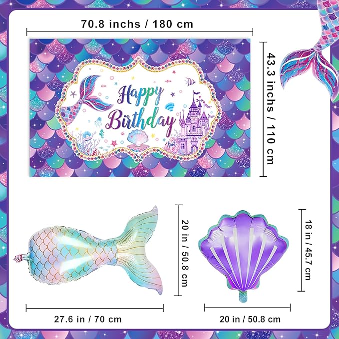 Mermaid Birthday Decorations Includes Banner Backdrop Foil & Latex