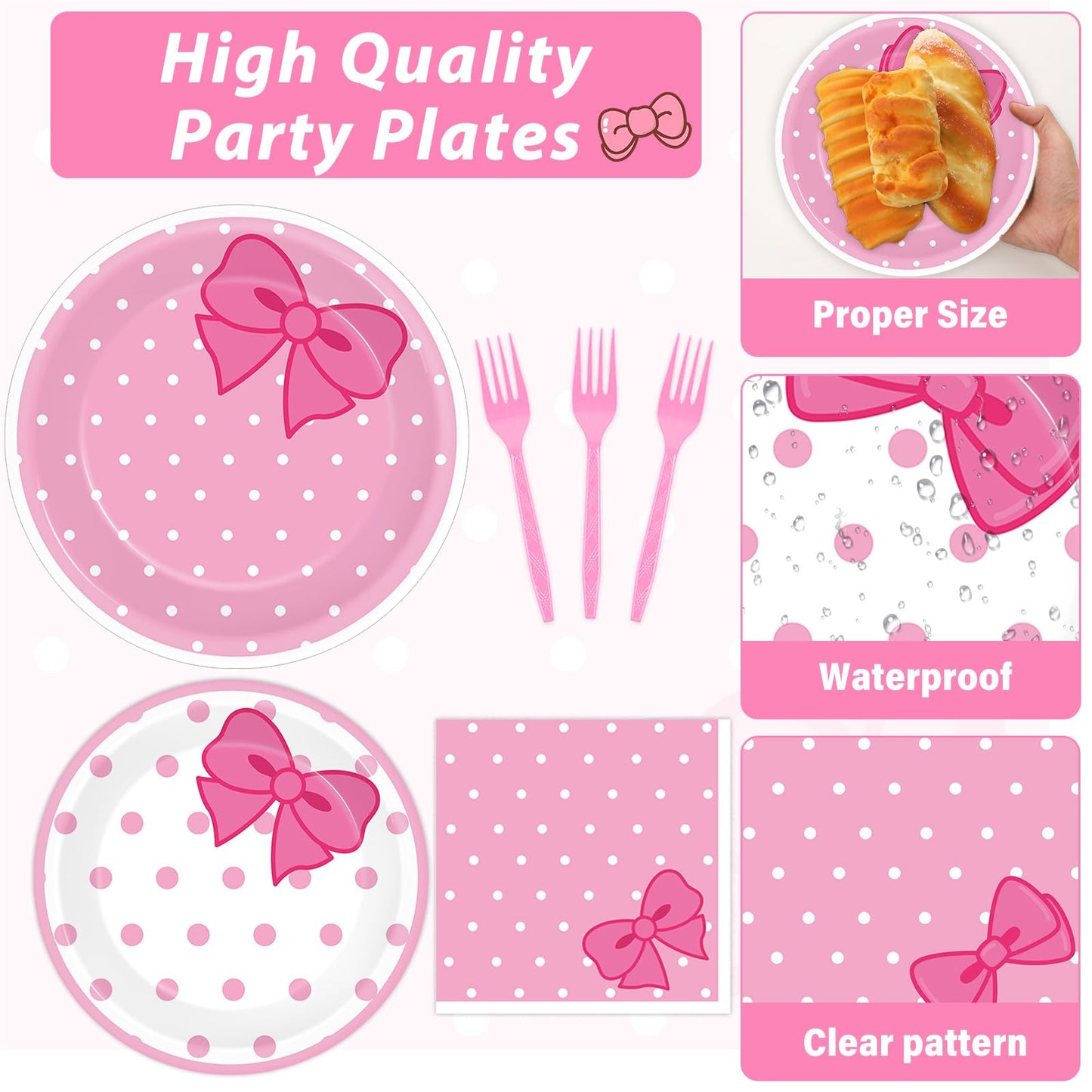 96Pcs Pink Cat Paper Plates and Napkins Cute Cats Bow Theme Birthday
