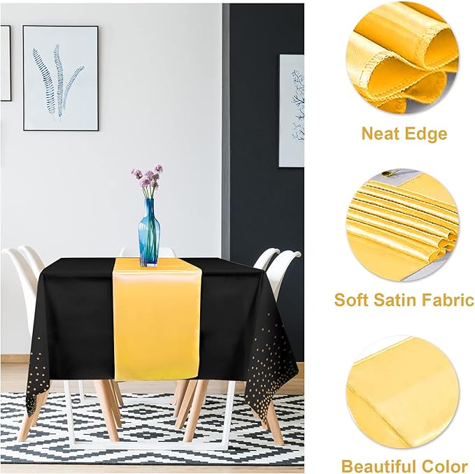 16Pack Disposable Plastic Tablecloths and Satin Table Runner Set Black