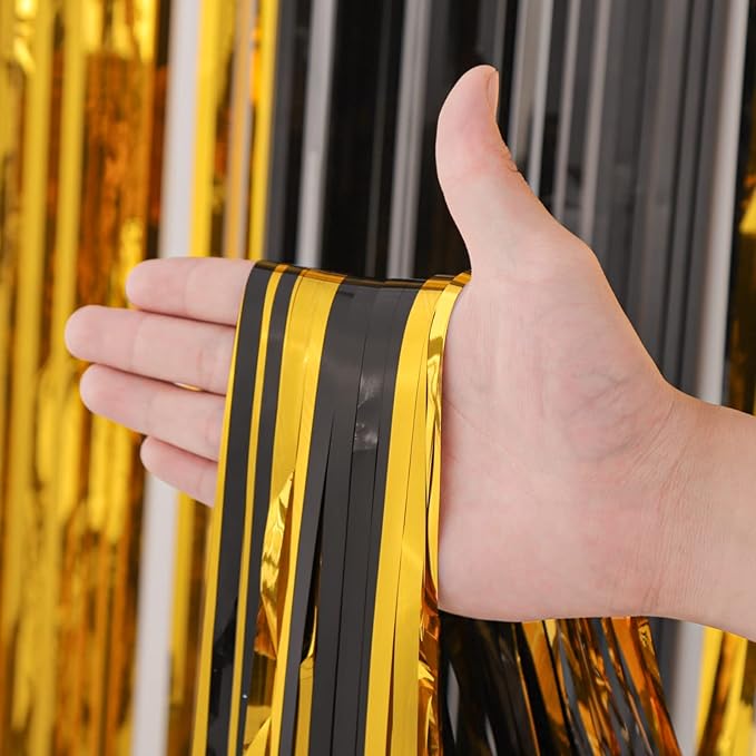 Voircoloria 4 Pack Black and Gold Foil Fringe Backdrop Curtains,