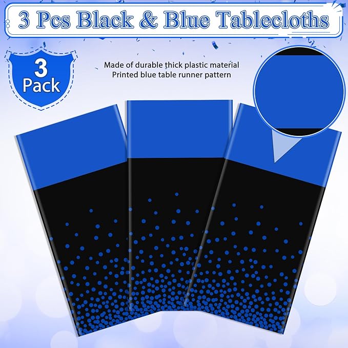 MASHAN 3Pcs Black and Blue Tablecloth Party Decorations,Plastic Black