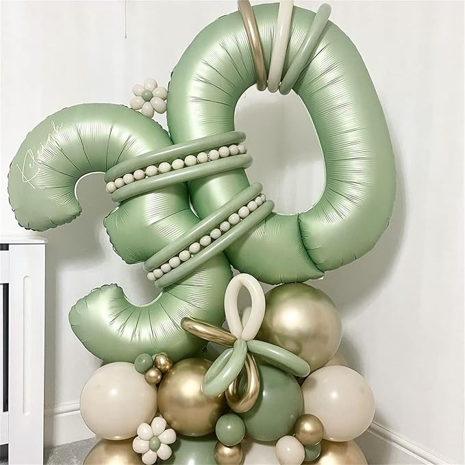 40'' Sage Green Number 9 Balloon, Self Inflating Foil Number Balloons