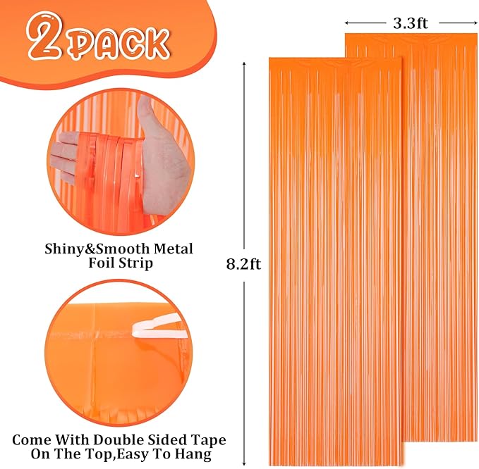 Voircoloria 2 Pack Orange Foil Fringe Backdrop Curtains, Tinsel