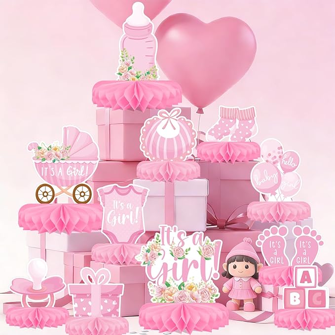 Girl Baby Shower Decorations Set - Kit with Pink Honeycomb