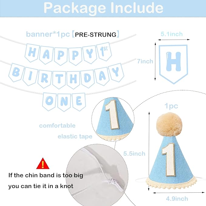 First Birthday Decorations for Boy Blue One Birthday Hat and Pre