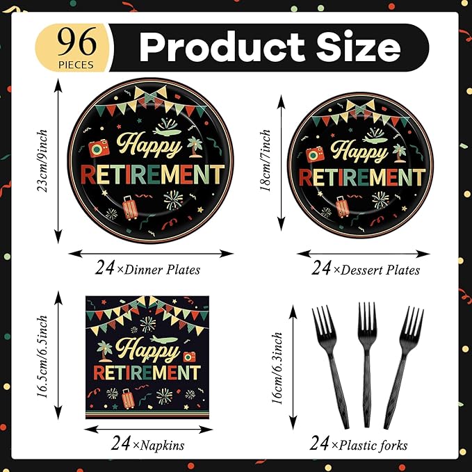 96 PCS Retirement Party Paper Plates Napkins Colorful Vintage