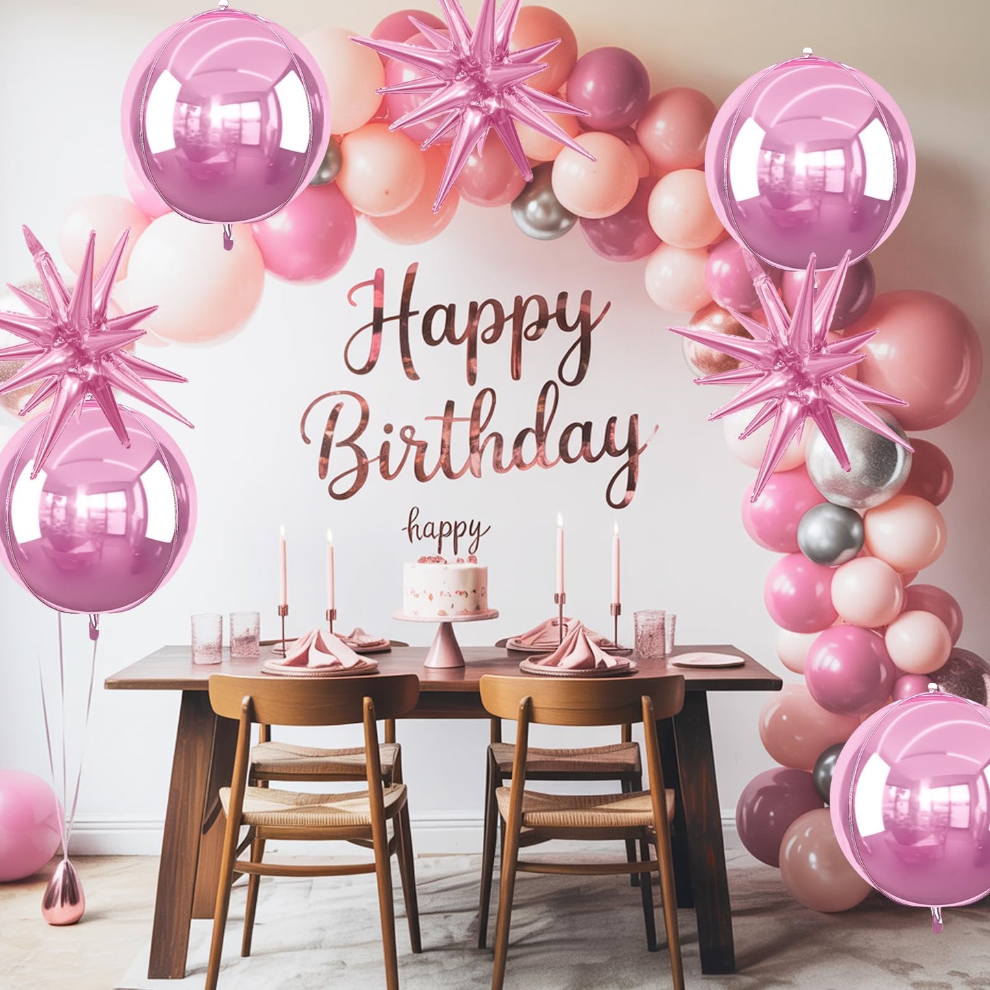 6Pcs Pink Foil Balloons,22Inch Metallic Pink 4D Round Ball Balloon and