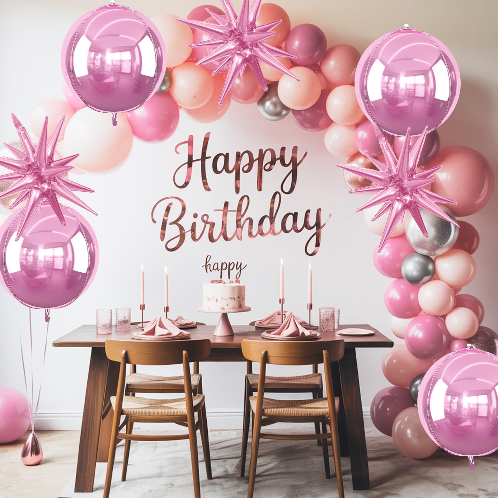 6Pcs Pink Foil Balloons,22Inch Metallic Pink 4D Round Ball Balloon and