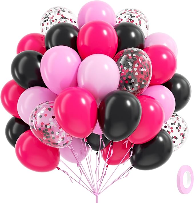 Pink and Black Balloons, 60pcs 12inch Hot Pink Black Pastel Pink