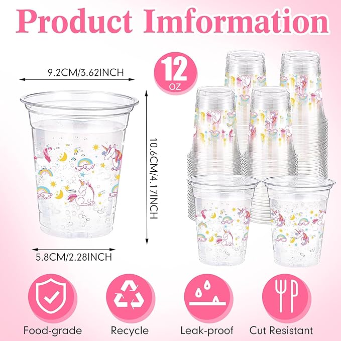 60 Pack Unicorn Cups 12 oz Disposable Clear Plastic Unicornio