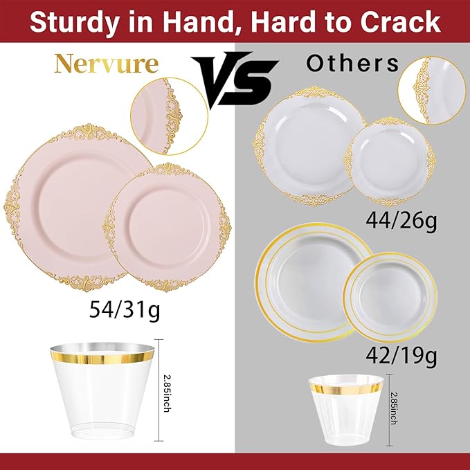 Nervure 175PCS Pink Plastic Plates - Disposable Pink Gold Party