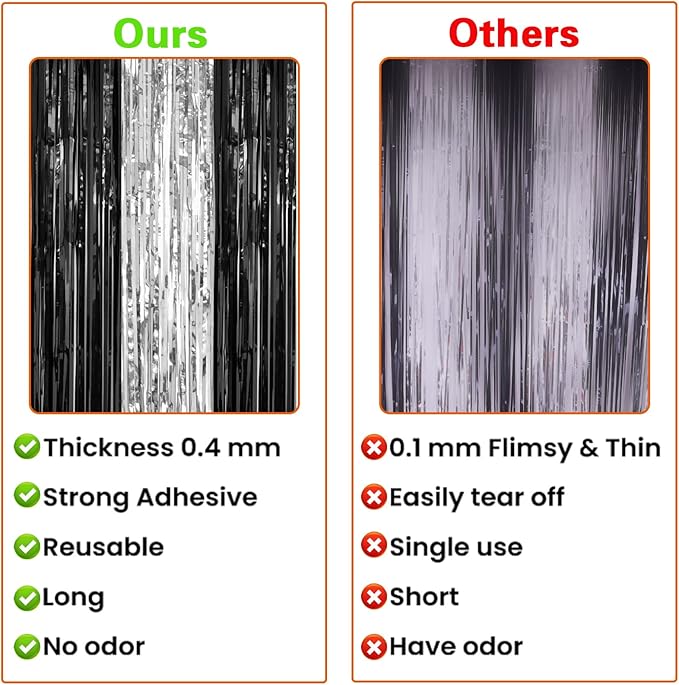 PIGETALE, 2 Pack 3.2 x 8.2 ft Black and Silver Foil Fringe Curtains