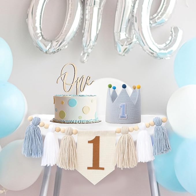 Baby First Birthday Party Decorations Blue High Chair Banner Crown