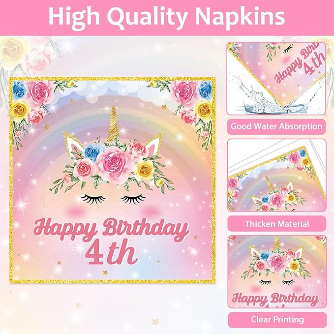 96PCS Four Ever Magical Party Paper Plates and Napkins Unicorn 4th