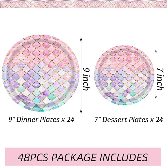 48 Pcs Mermaid Birthday Party Decorations Plates Set for 24