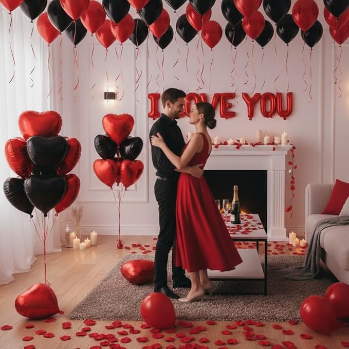 Valentine's Day Decorations Set Red Black Balloon Kit with 16 I LOVE
