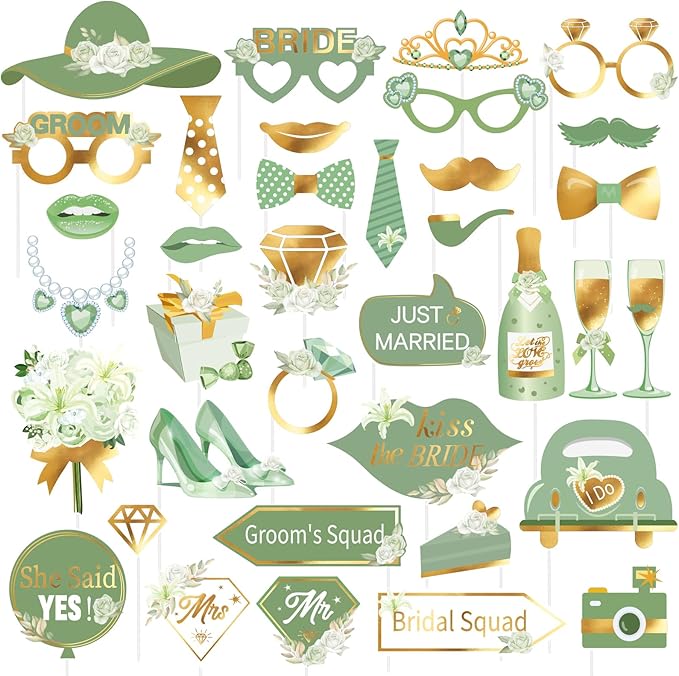 38 PCS Sage Green Wedding Photo Booth Props Bridal Shower Photo