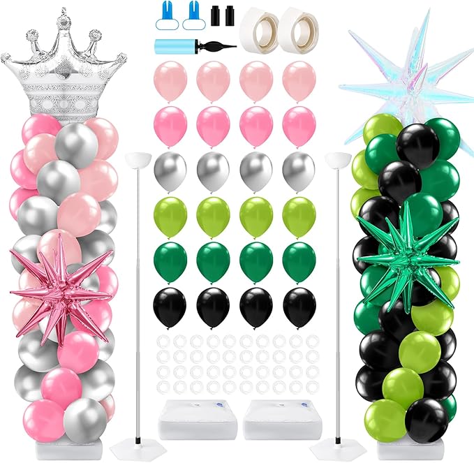 2 Sets Pink and Green Balloon Column Stand Kit Princess Crown and