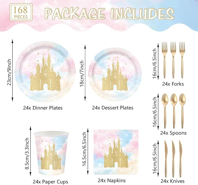168pcs Princess Party Decorations Castle Paper Plates Napkins