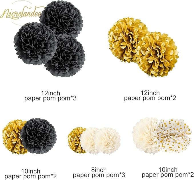 NICROLANDEE Black and Gold Party Supplies for 2026 Graduation - 12PCS