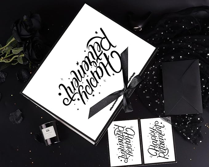 JWSCYSY 12.6" White and Metallic Black Gift Bag with Card, Ribbon and