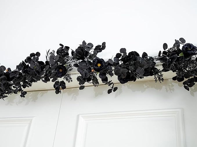 6FT Black Halloween Garland with 10 Black Rose and Berries