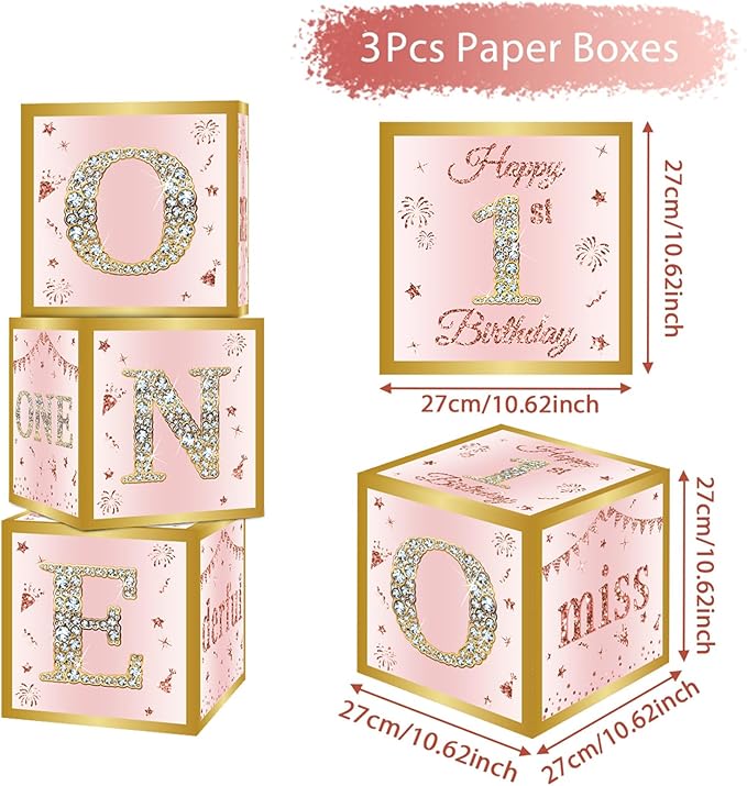 DataMoon 1st Birthday Decorations Boxes for Baby Girl - 3PCS Pink